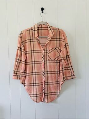 Peach Plaid Button-Up Shirt